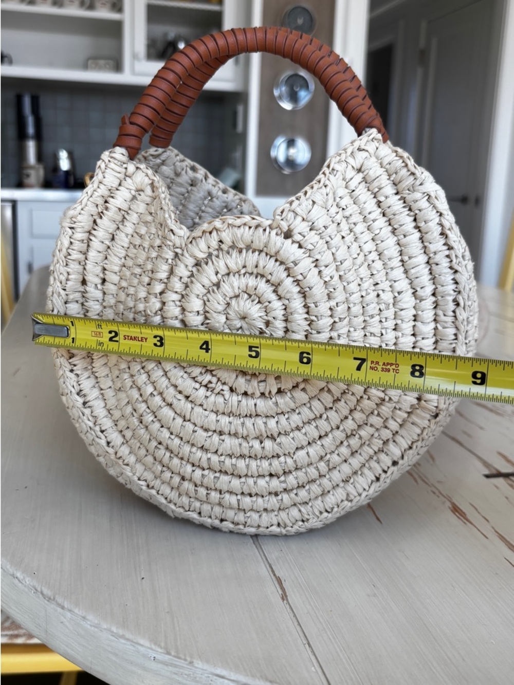 Woven Straw Round Tote Bag with Brown Wrapped Handles - Picture 5 of 5